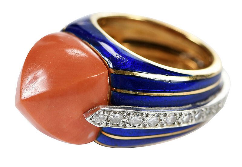 Appraisal: Tiffany Co Enamel Coral Diamond Ring likely Donald Claflin for