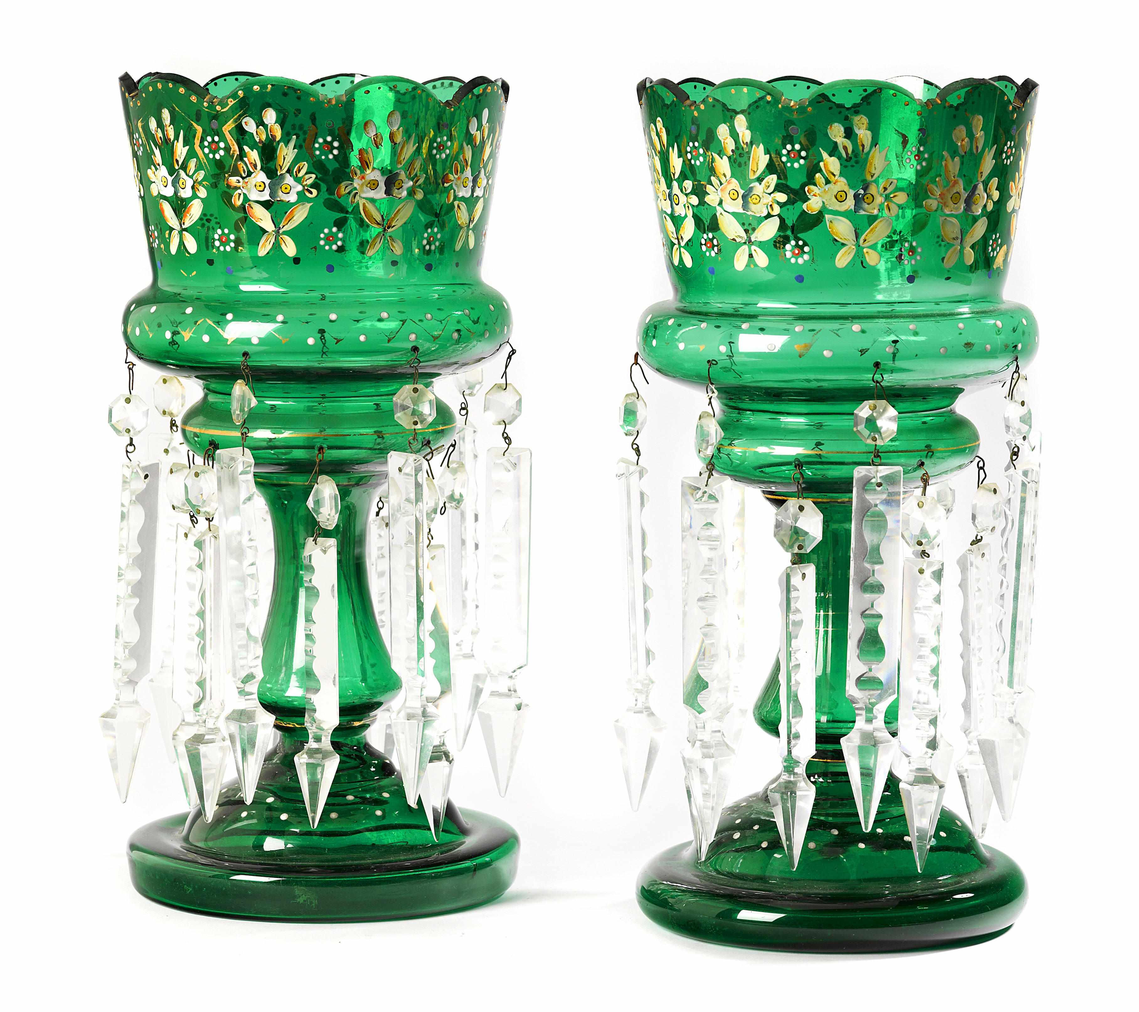 Appraisal: A pair of Bohemian emerald glass lustres first half th