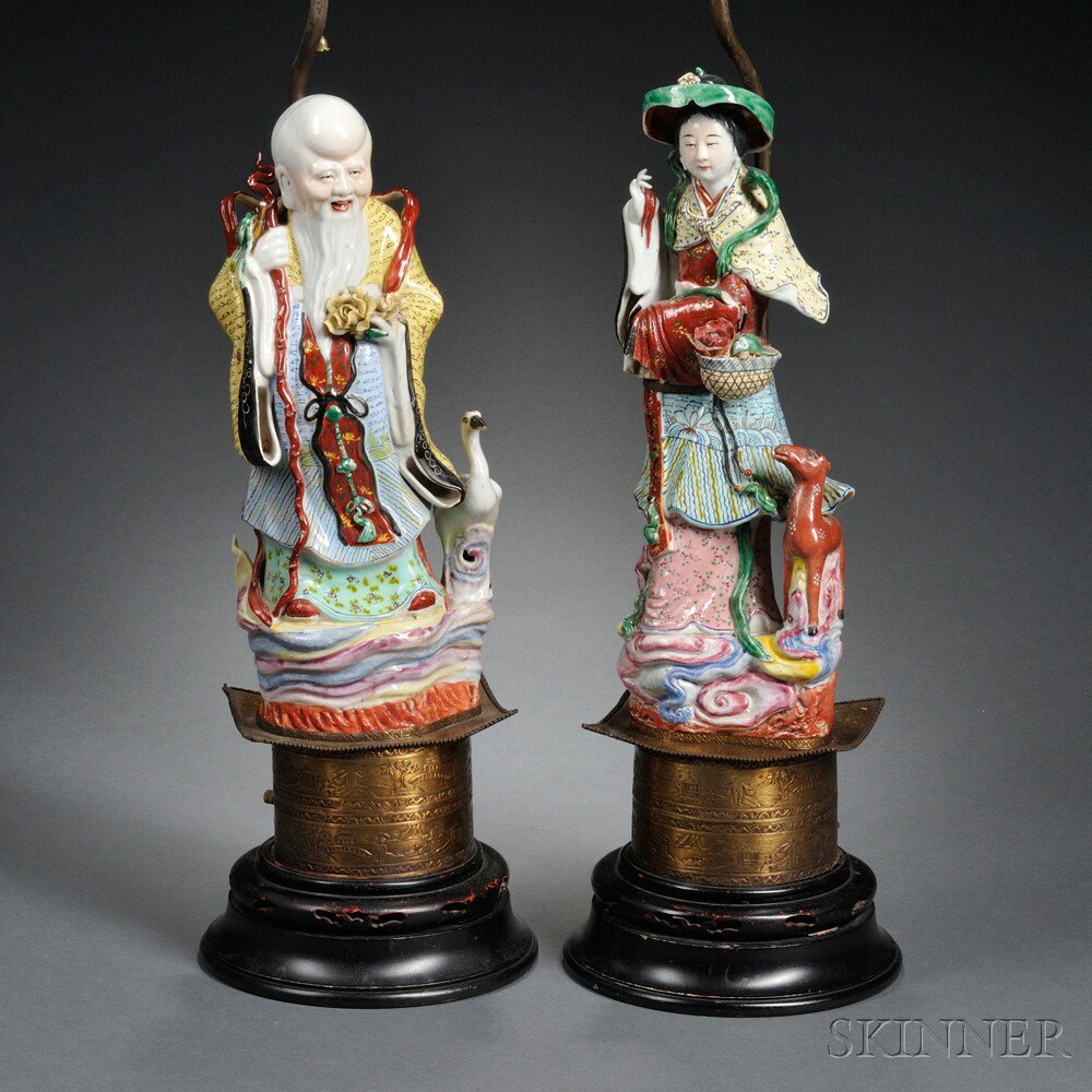 Appraisal: Two Famille Rose Figural Lamps China in the form of