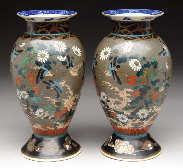 Appraisal: OUTSTANDING PAIR OF ORIENTAL CLOISONN ON PORCELAIN VASES Rare pair