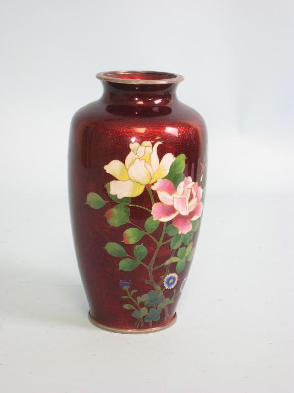 Appraisal: A Cloisonne Vase decorated roses on blood red ground i