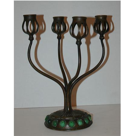 Appraisal: Tiffany Studios Reticulated Bronze and Green Favrile Glass Four-Light Candelabrum