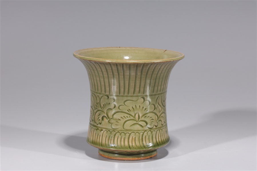 Appraisal: Korean glazed celadon vessel with incised floral designs flared rim