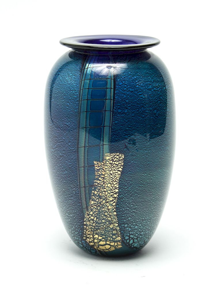 Appraisal: Modern Art Glass Iridescent Blue Vase Modern art glass vase