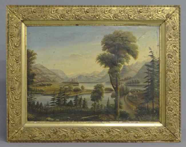 Appraisal: th c oil on canvas landscape with mountain and lake