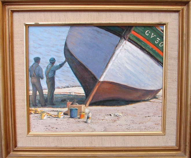 Appraisal: Harry Buckley Boatworkers oil on board x SLR H E