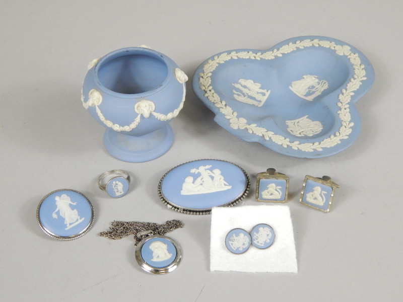 Appraisal: Various Wedgwood blue Jasperware comprising an eye bath the tapering