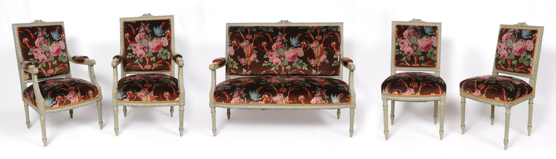 Appraisal: PIECE LOUIS XVI STYLE PARLOR SET Settee arm chairs and