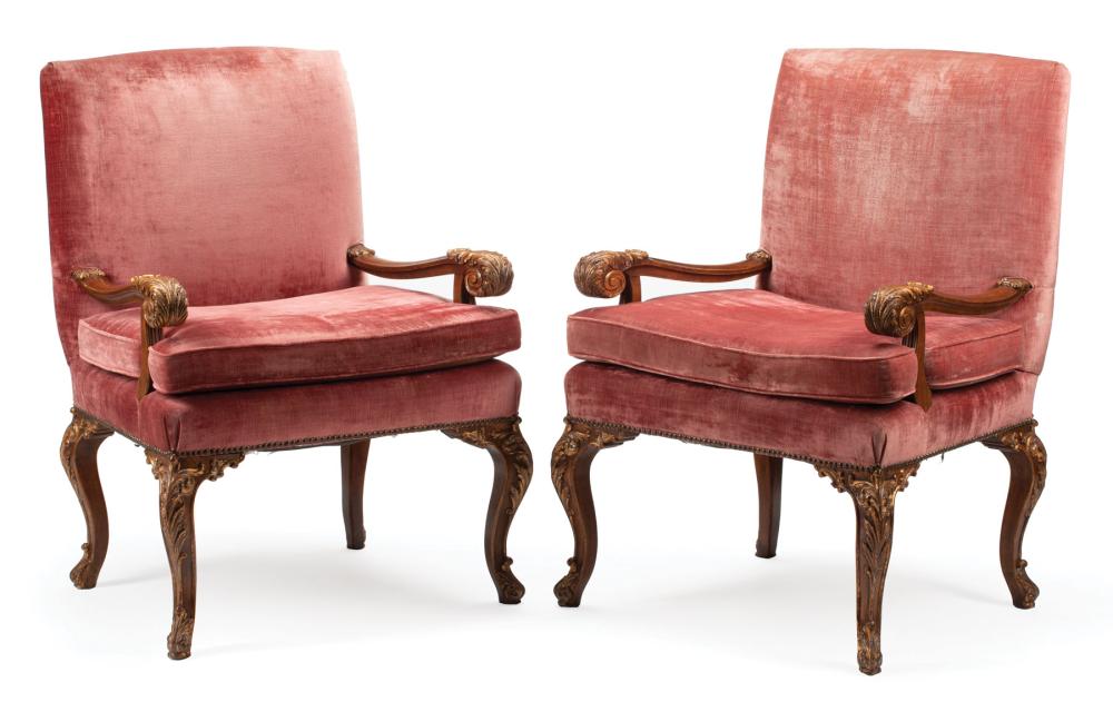 Appraisal: Pair of George II-Style Parcel Gilt Walnut Armchairs square back