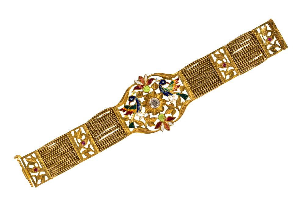 Appraisal: KARAT GOLD ENAMEL DIAMOND SIMULANT BRACELETcentering one round cut synthetic