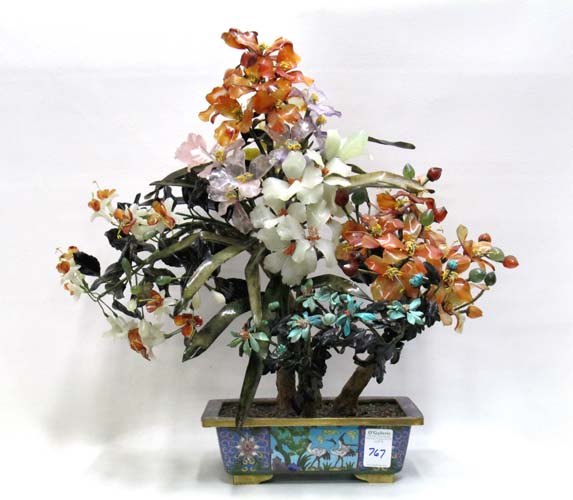 Appraisal: CHINESE HARDSTONE SEMI-PRECIOUS SCULPTURAL TREE in copper cloisonne rectangular form