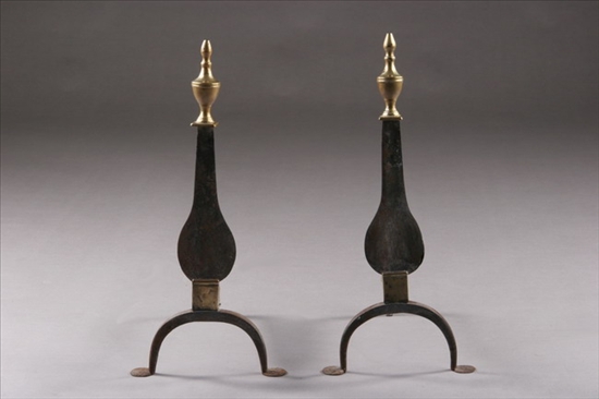 Appraisal: PAIR AMERICAN IRON AND BRASS ANDIRONS th century Flat baluster