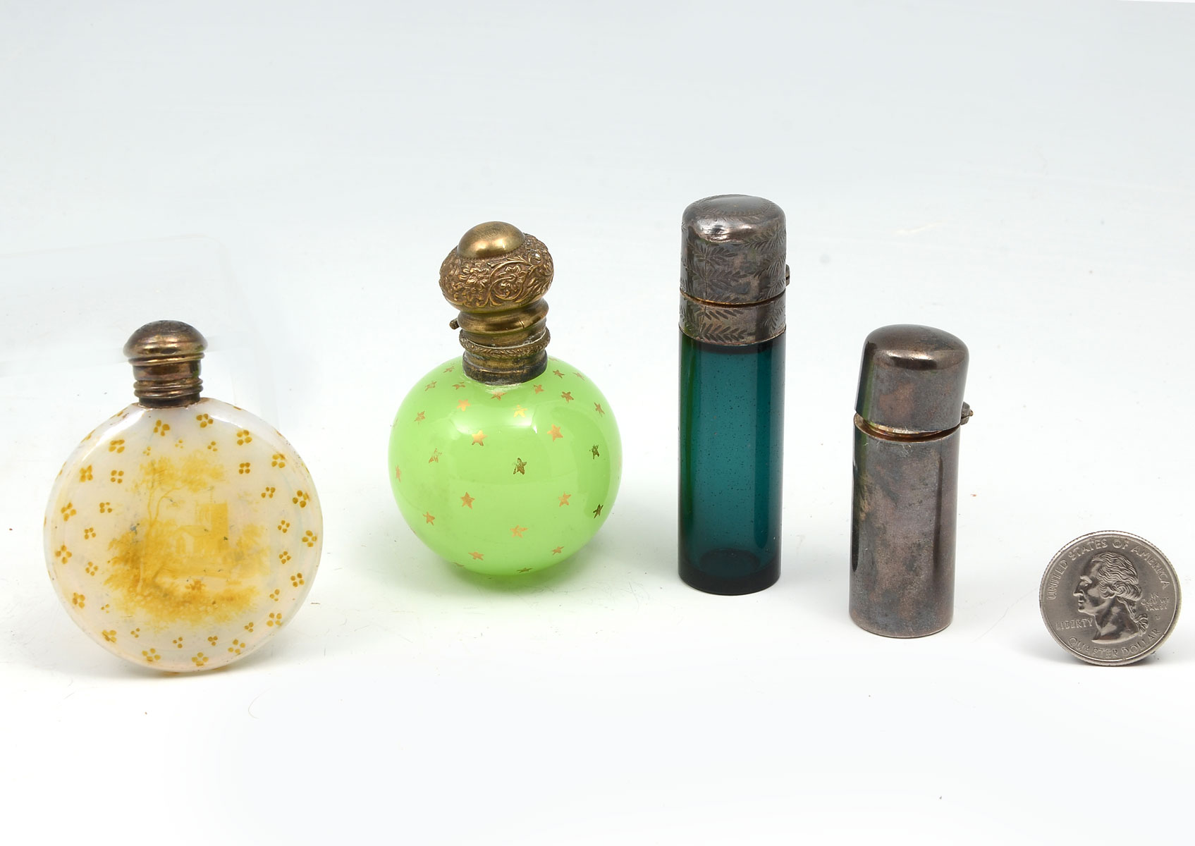 Appraisal: PIECE GLASS PERFUME BOTTLES Comprising - Green vaseline glass perfume