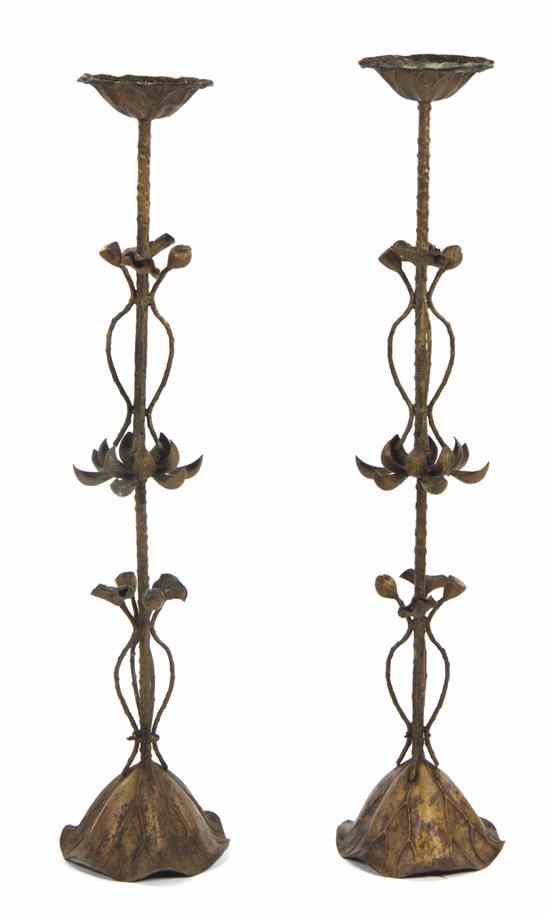 Appraisal: A Pair of Chinese Gilt Metal Pricket Sticks having a