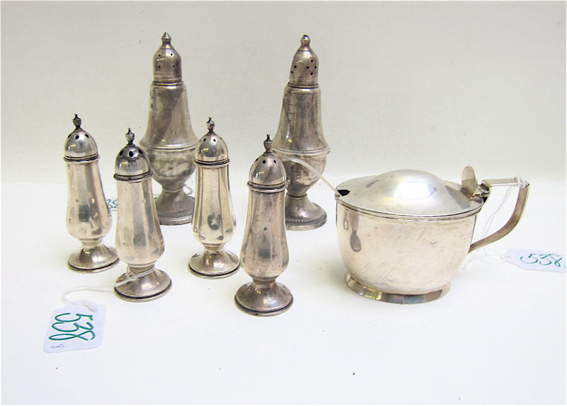 Appraisal: EIGHT SILVER HOLLOWWARE PIECES sterling lidded mustard lacks glass insert