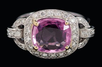 Appraisal: Pink sapphire diamond ring central cushion faceted sapphire estimated weight