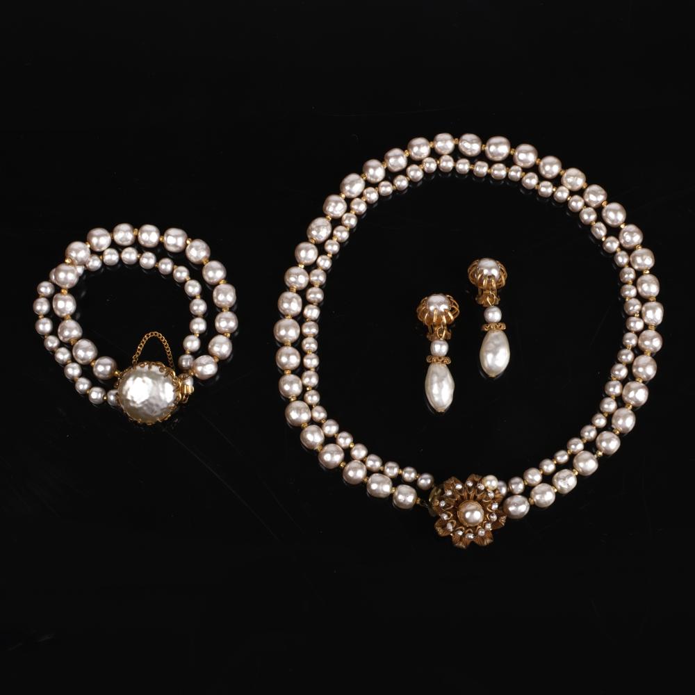 Appraisal: MIRIAM HASKELL PC FAUX PEARL GROUP DOUBLE STRAND NECKLACE AND