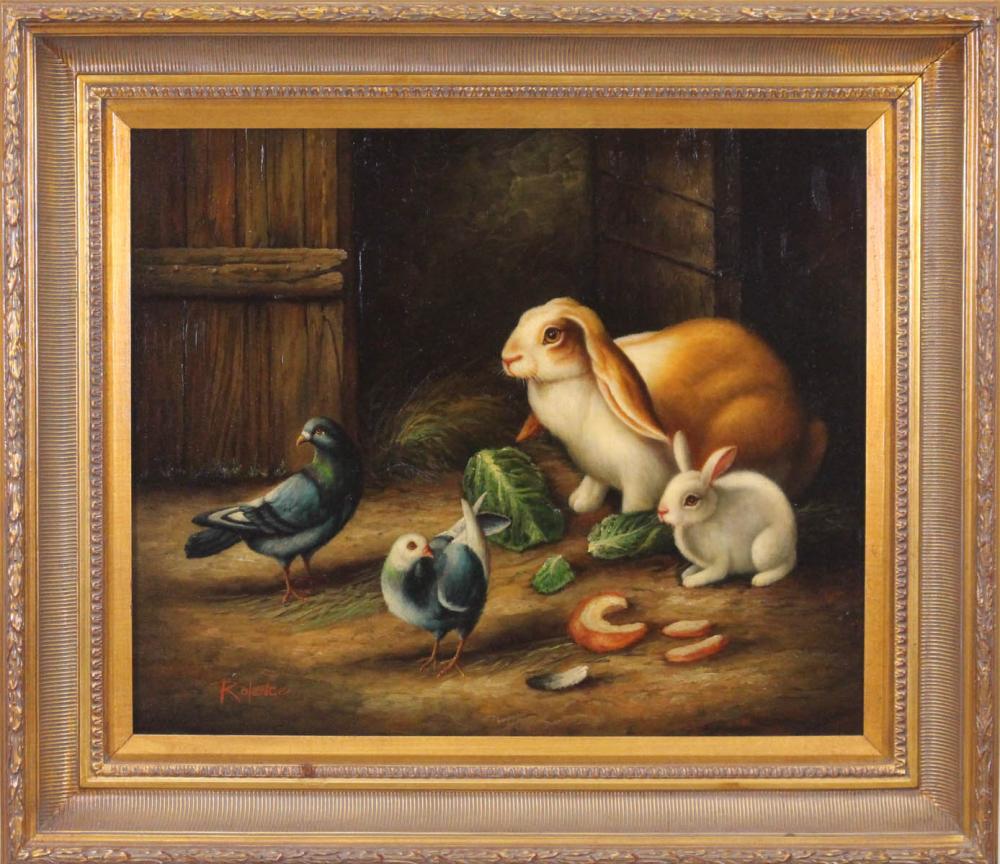 Appraisal: OIL ON CANVAS RABBITS AND PIGEONS signed Rolence lower left