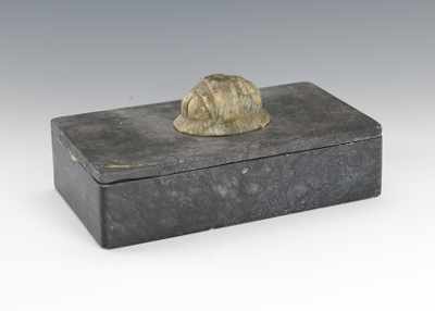 Appraisal: Lidded Stone Box with Scarab Dark stone box with decorative