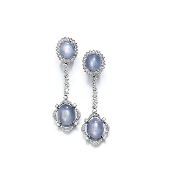 Appraisal: ASTERIA SAPPHIRE AND DIAMOND EAR PENDANTS circa White gold Elegant