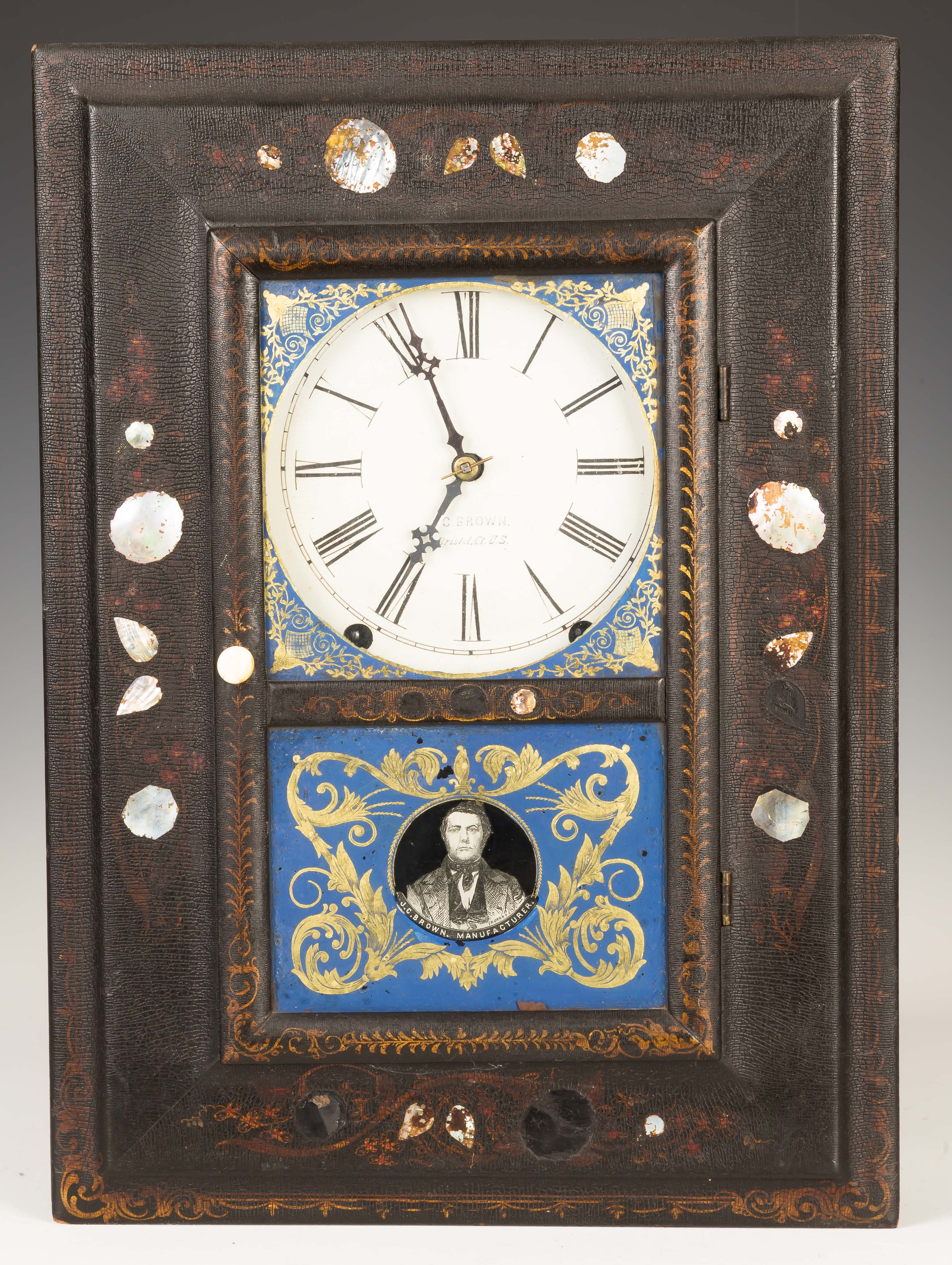 Appraisal: J C Brown Paper Mache Lacquered and Mother-of-Pearl Shelf Clock