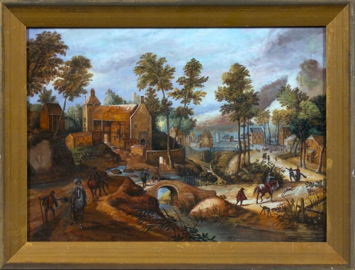 Appraisal: British School th Century Peaceful Village Scene with Figures oil