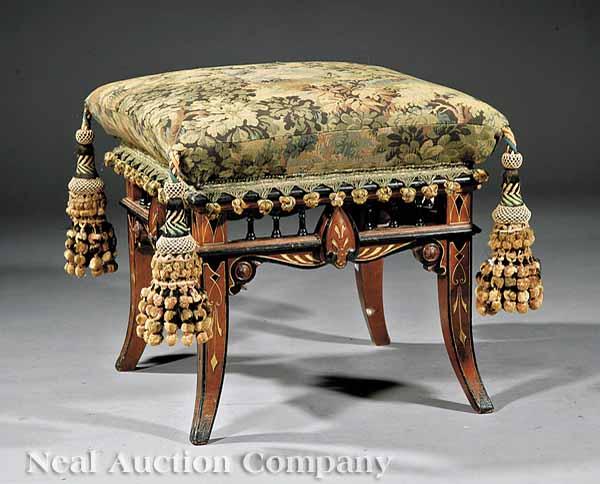 Appraisal: An American Renaissance Carved Gilt-Incised and Ebonized Walnut Stool late