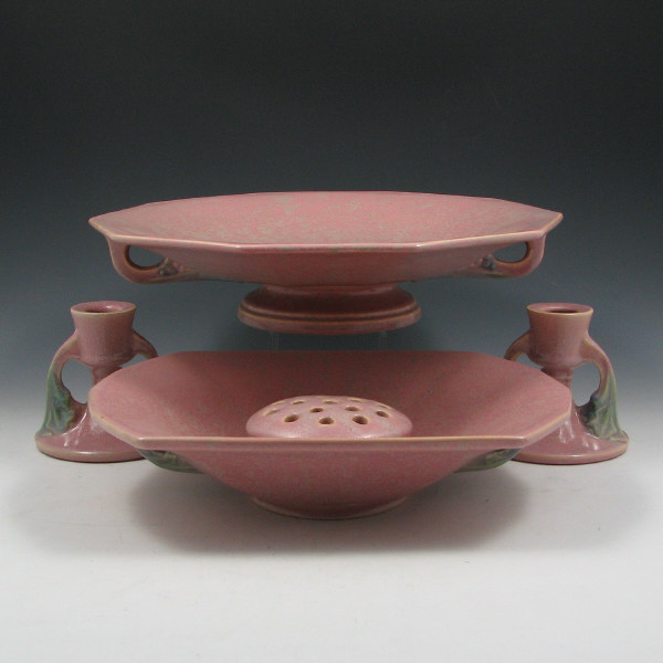 Appraisal: Roseville pink Tuscany console bowls two candleholders pair and flower