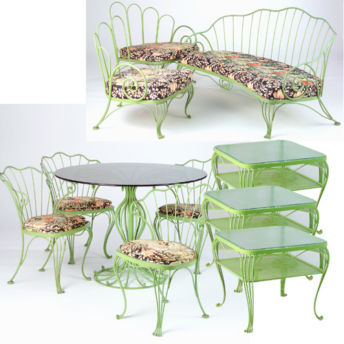 Appraisal: RUSSELL WOODARD Eleven-piece wrought-iron suite with green enameled finish glass-top