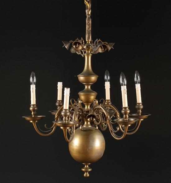 Appraisal: Dutch Baroque style cast-brass six-light chandelier th century' with applied