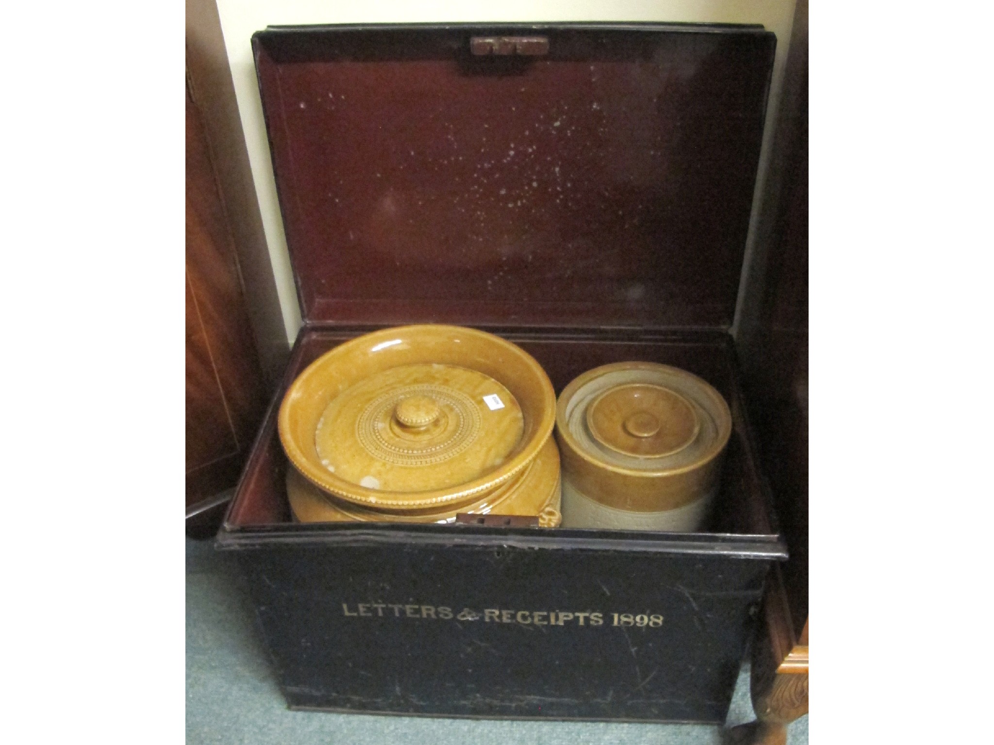 Appraisal: Metal documents chest and two stoneware jars