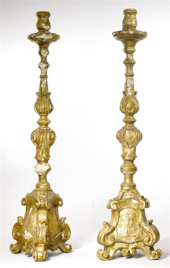 Appraisal: PAIR OF ALTAR CANDLESTICKS Baroque North Italy th cent Carved