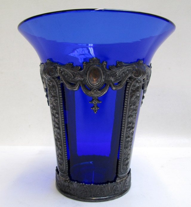 Appraisal: COBALT GLASS VASE WITH METAL ARMATURE vase has flared lip