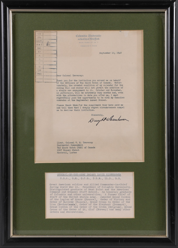 Appraisal: DWIGHT EISENHOWER SIGNED LETTER Signed as President of Columbia University