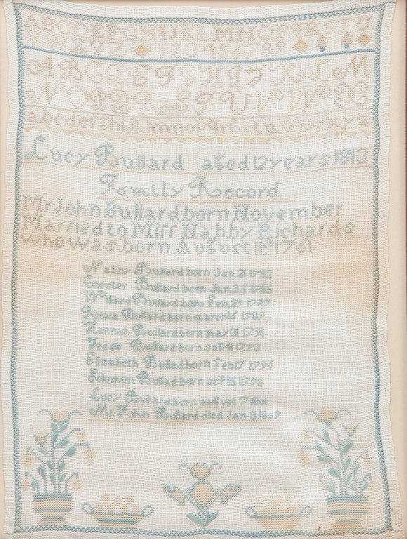 Appraisal: SAMPLER FAMILY RECORD Probably American silk on linen Records the