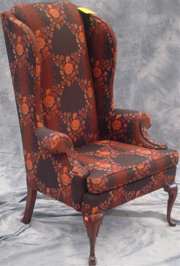 Appraisal: Hickory Queen Anne style wing chair black orange floral upholstery