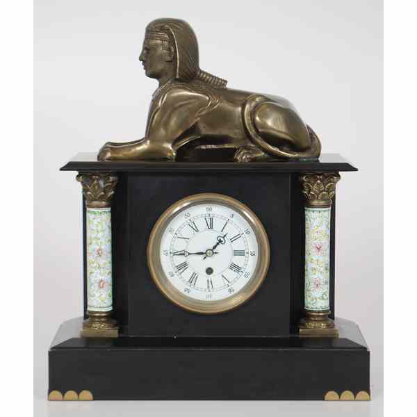 Appraisal: Egyptian-style Black Slate Mantel Clock Probably Chinese made late th