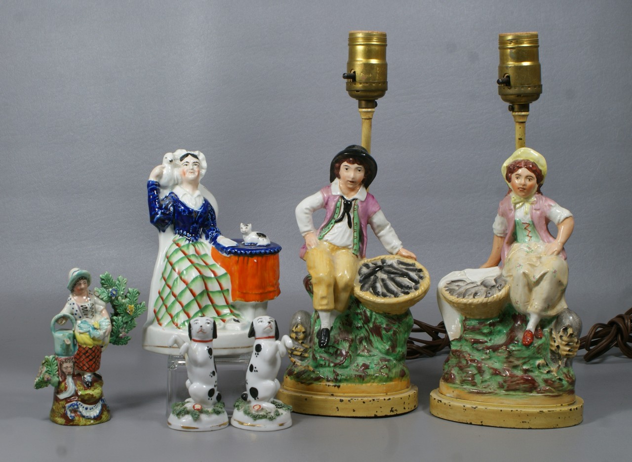 Appraisal: pcs Staffordshire pottery pr figures of fisherfolk mounted as lamps