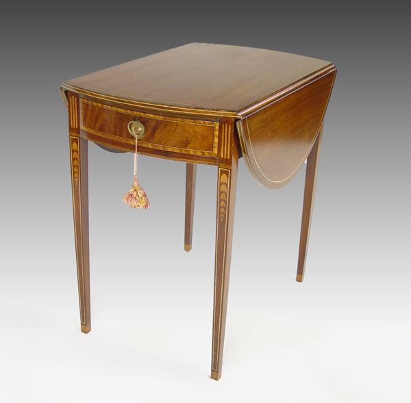 Appraisal: MAHOGANY INLAY PEMBROKE TABLE Classic single drawer drop leaf side