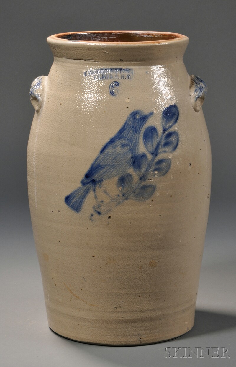 Appraisal: Six-gallon Stoneware Churn Decorated with a Cobalt Bird on Branch