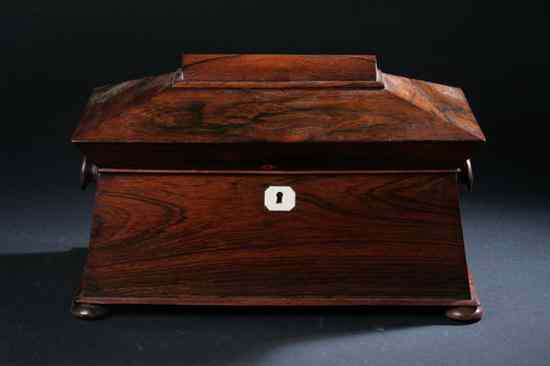 Appraisal: VICTORIAN MAHOGANY TEA CADDY mid-to-late th century Sarcophagus form the