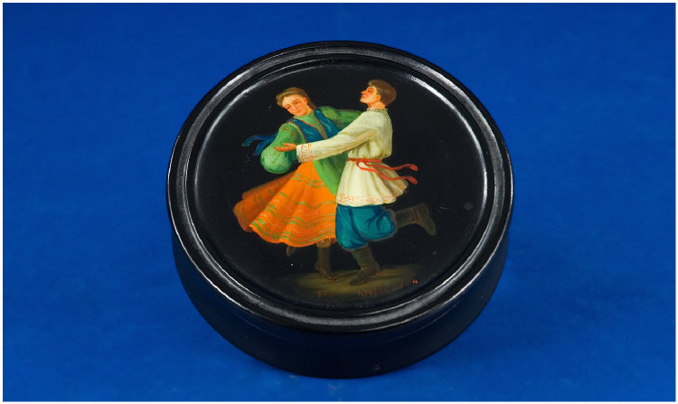 Appraisal: Russian Hand Painted Trinket Box Black Lacquered Russian Circular Box