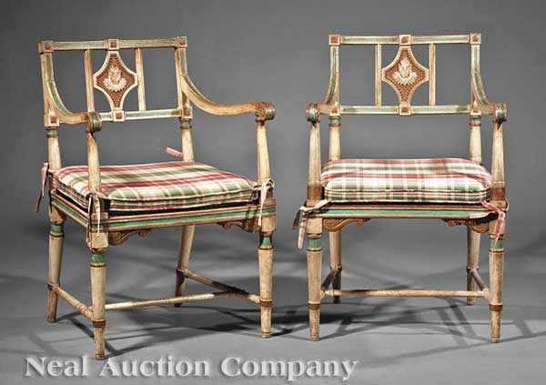 Appraisal: A Pair of Italian Neoclassical-Style Paint-Decorated Armchairs molded crest rail