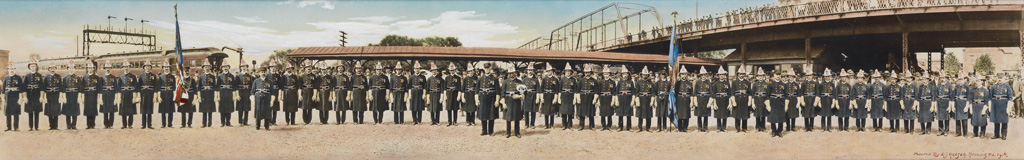 Appraisal: FIREFIGHTERS A spectacular hand-colored panorama of firefighters in full dress