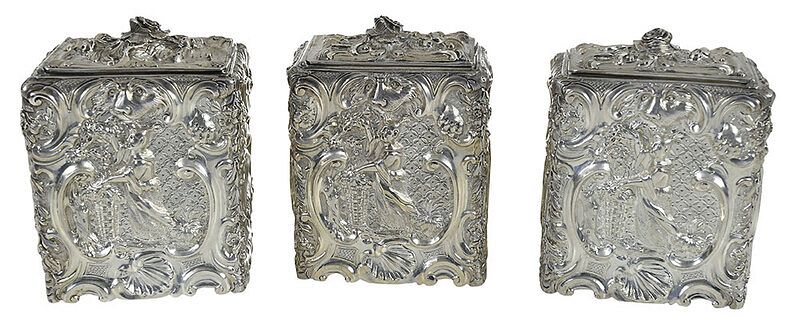 Appraisal: Set of Three George III Silver Chinoisere Tea Caddies London