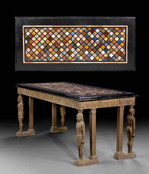 Appraisal: The rectangular black marble top inset with semi-precious stones and