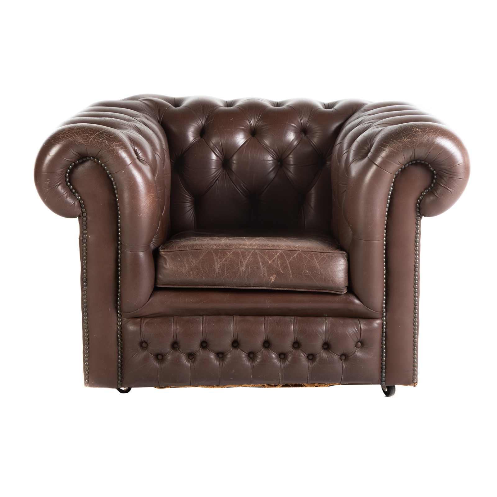 Appraisal: DISTRESSED LEATHER TUFTED TUB CHAIR With removable leather seat cushion