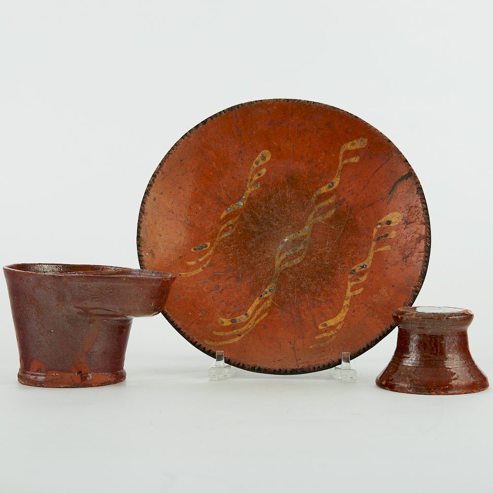 Appraisal: Grp Pennsylvania Redware Pottery Pieces Group of three Pennsylvania redware