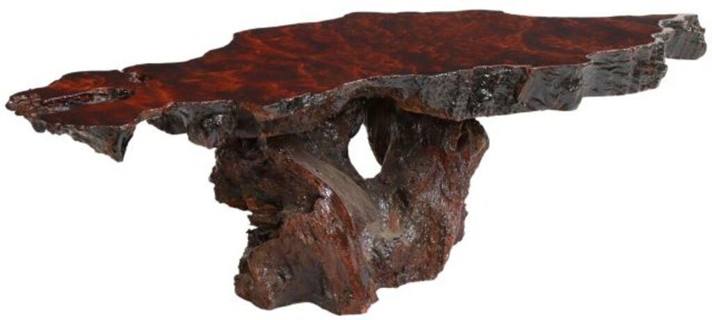 Appraisal: Burled redwood live edge coffee table th c having lacquered