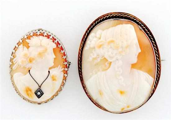 Appraisal: Shell cameo brooches oval cameo habille adorned with diamond necklace